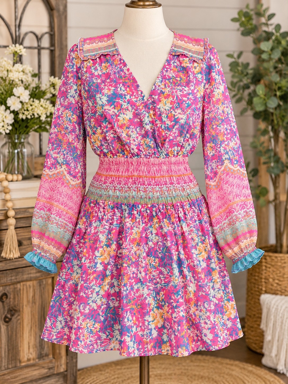 Current Air Brand Floral Smocked Waist Pink Boho Dress